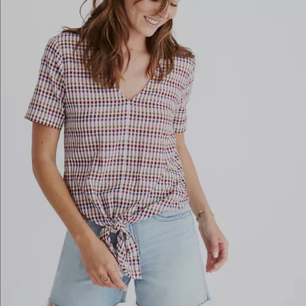 Madewell Novel Tie-Front Top in Rainbow Gingham plaid size S